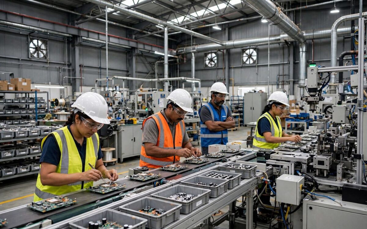 Factory workers and machinery in an Indian industrial plant