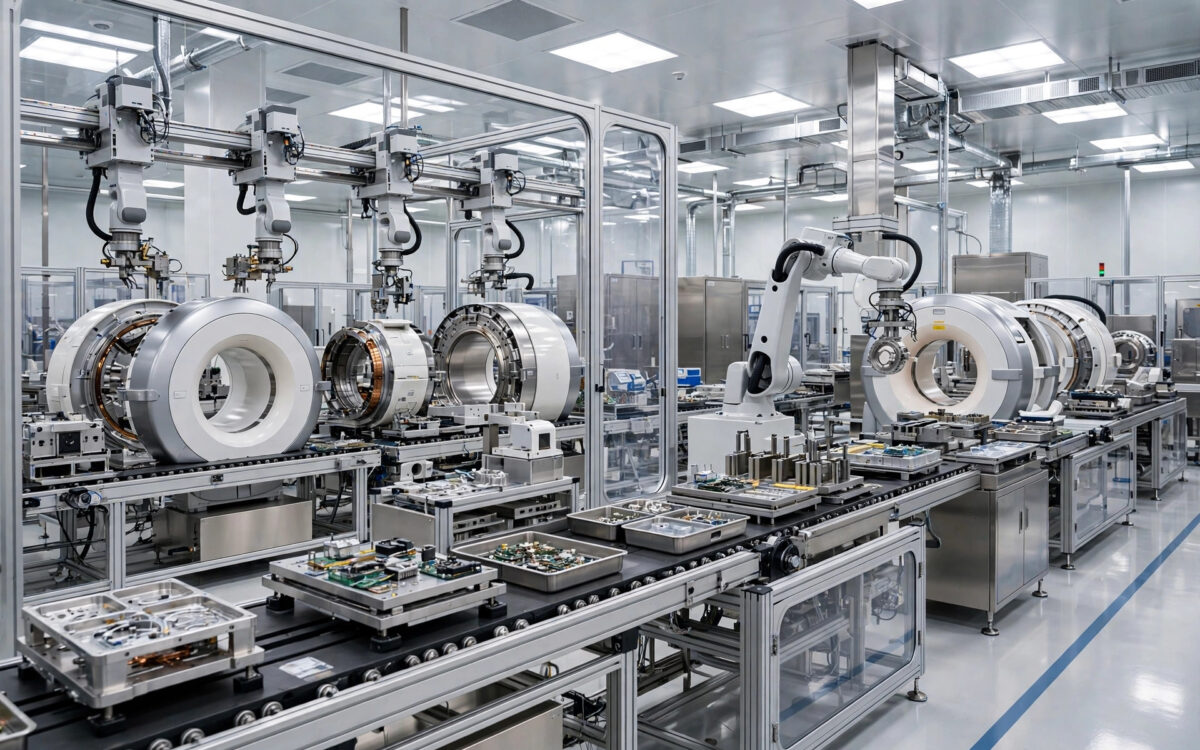 A bright modern medical-device factory interior with assembly lines and gleaming imaging equipment.
