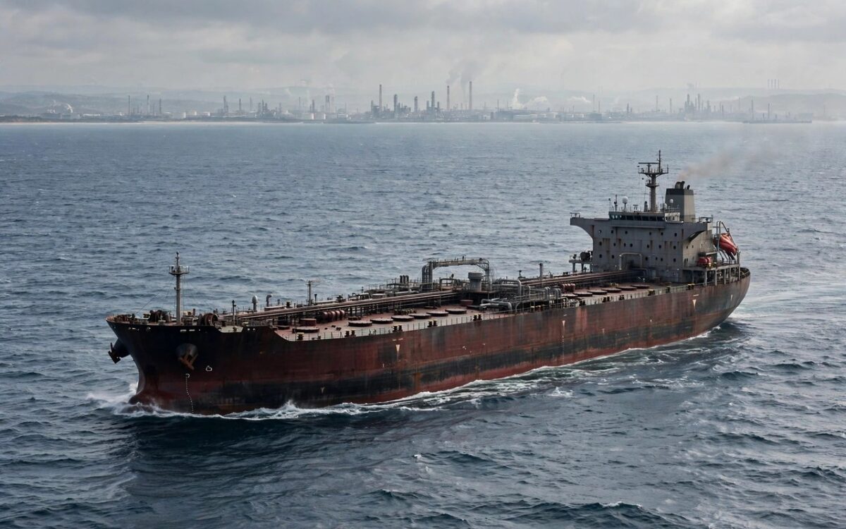 An oil tanker ship sailing at sea.
