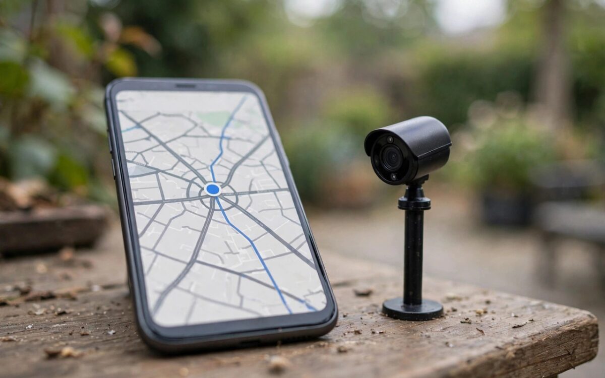 A smartphone showing a map app next to a surveillance camera on a pole