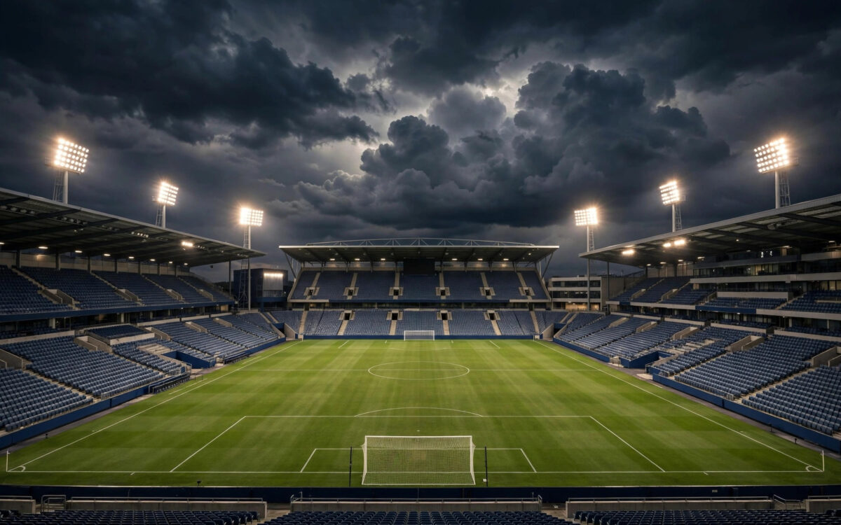 An empty football stadium glows under floodlights at night with dramatic clouds overhead.