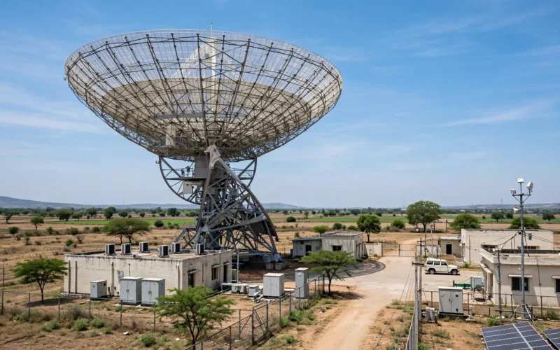 ISRO radar facility with a large antenna dish under a clear sky