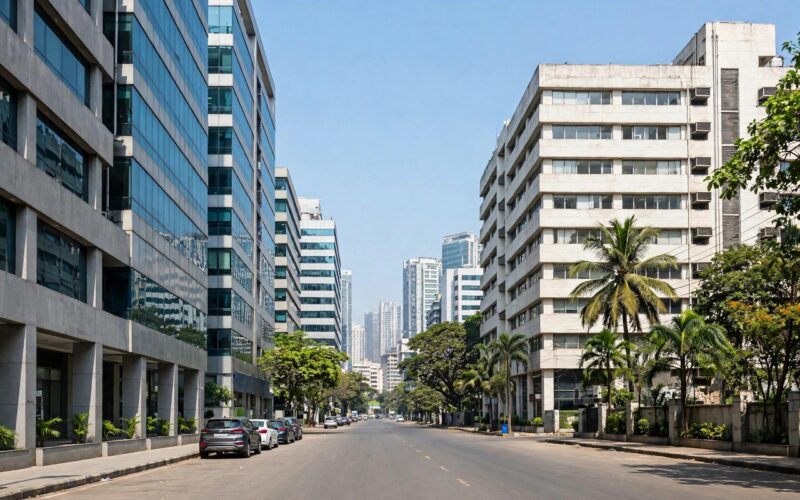 Mumbai commercial office buildings on a street in daylight