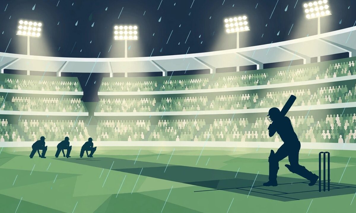 Editorial illustration of a cricket match under floodlights in light rain