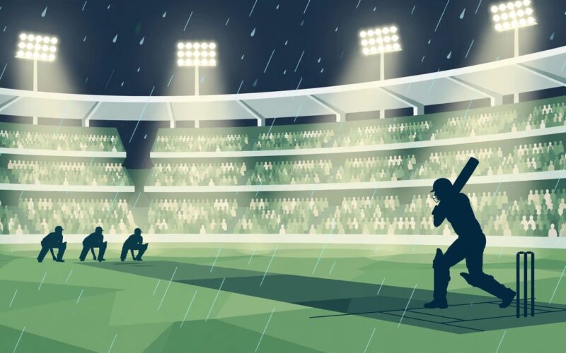Editorial illustration of a cricket match under floodlights in light rain