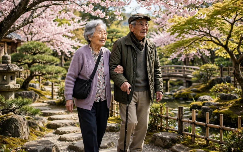 An elderly couple walks in a Japanese garden as centenarians hit a record 107,677.