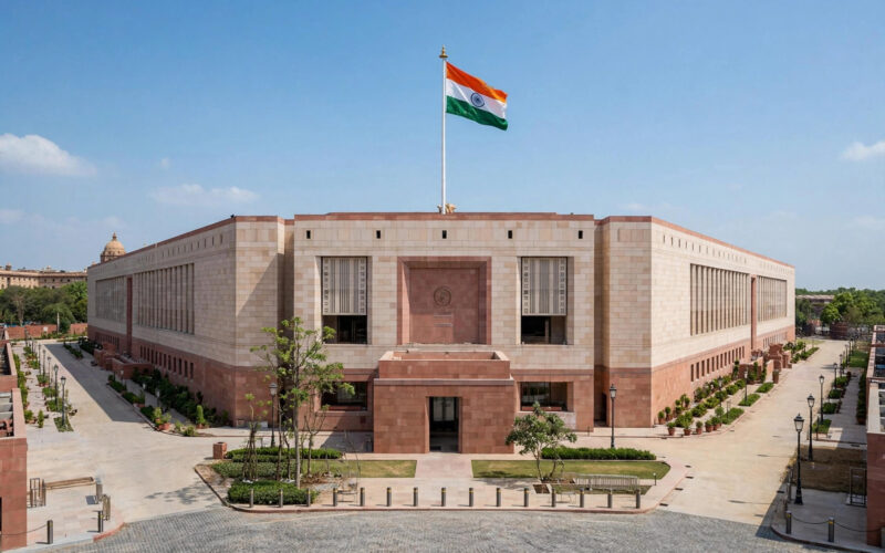 The Parliament Annexe building in New Delhi under a clear daytime sky.