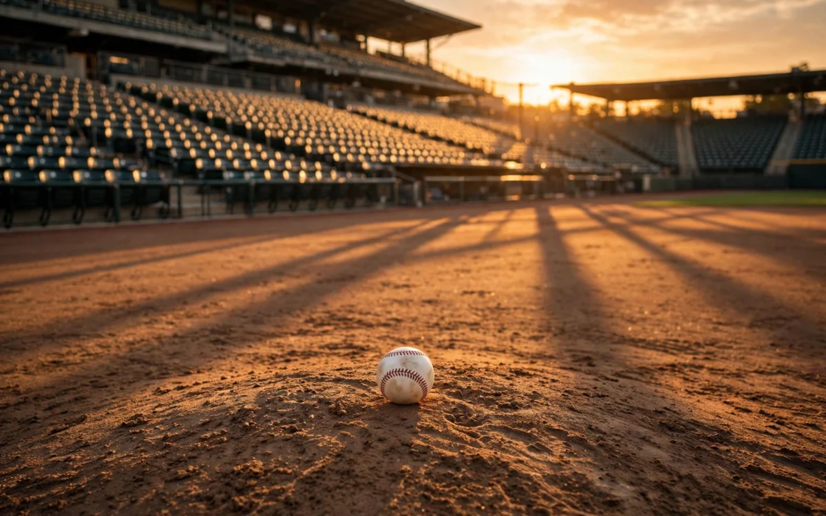 A baseball resting on a pitcher's mound at sunset, with an empty grandstand glowing in the background.