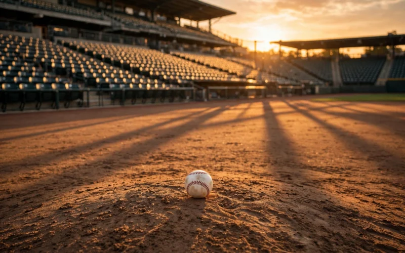 A baseball resting on a pitcher's mound at sunset, with an empty grandstand glowing in the background.