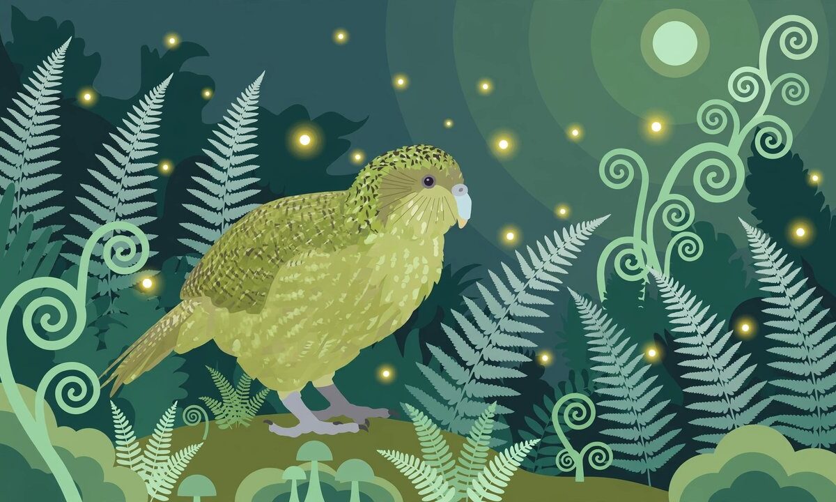 Editorial illustration of a kakapo parrot in a New Zealand forest with rising population chart motif