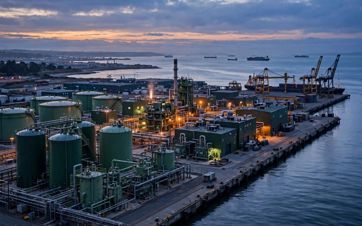Industrial plant with storage tanks beside a cargo port at dusk, ships in distance