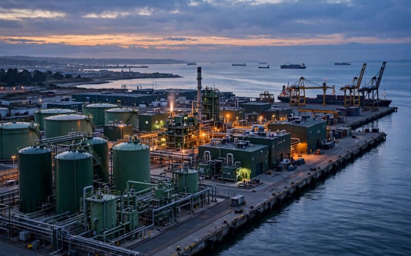 Industrial plant with storage tanks beside a cargo port at dusk, ships in distance