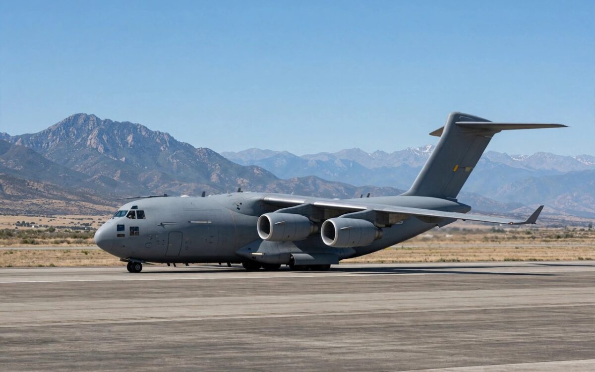 Military transport aircraft on a runway with mountains in the background
