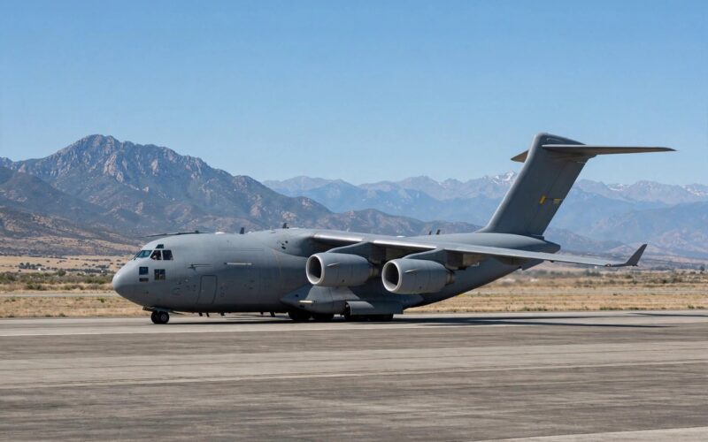 Military transport aircraft on a runway with mountains in the background