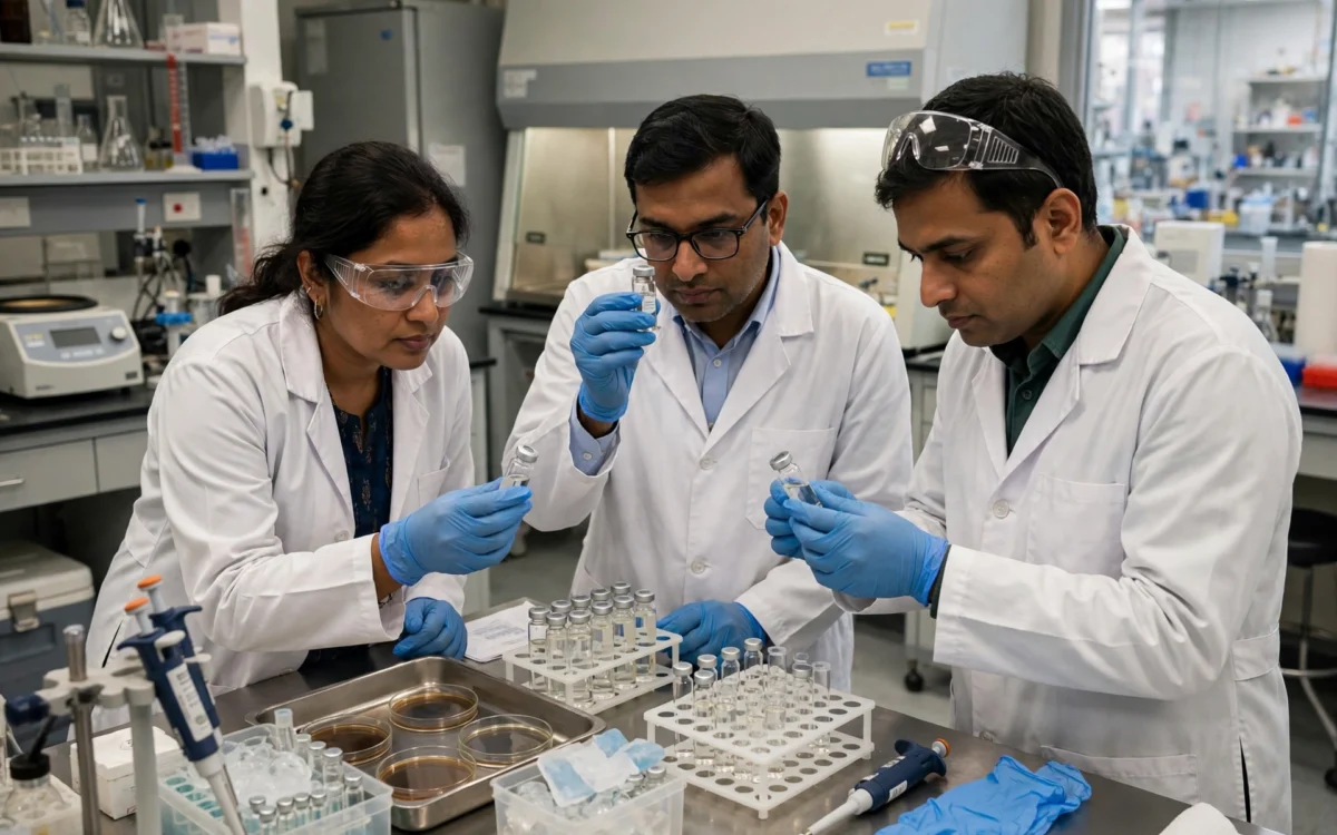 Scientists at an Indian research lab examine vaccine vials during development of the KochVac TB vaccine.