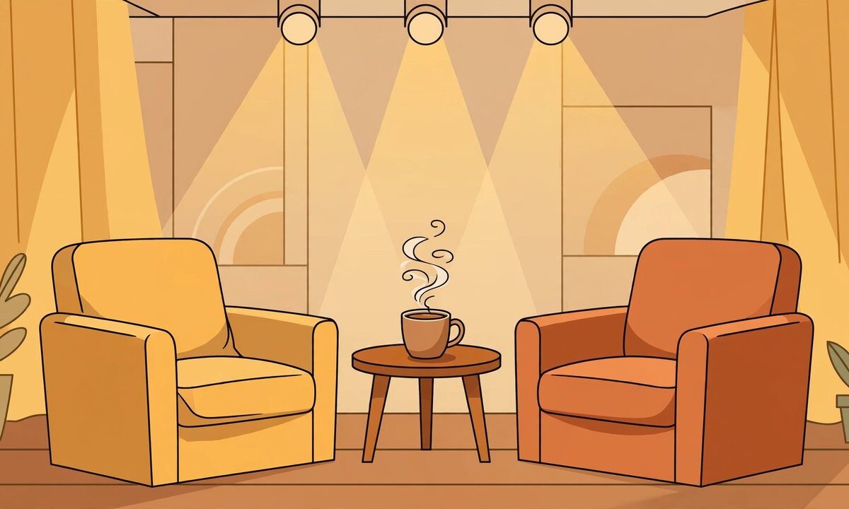 Editorial illustration of an empty talk show set with two armchairs and a coffee mug