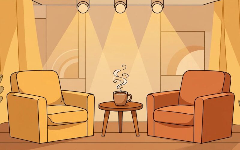 Editorial illustration of an empty talk show set with two armchairs and a coffee mug