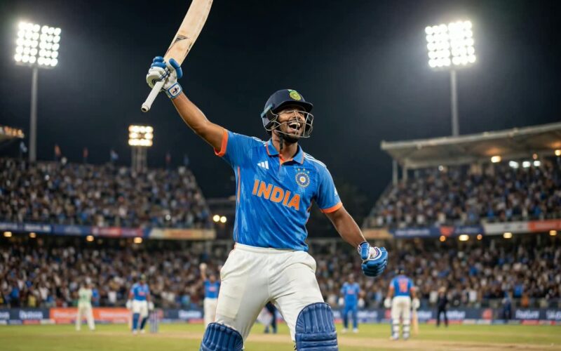 Virat Kohli celebrating on the cricket field with bat raised
