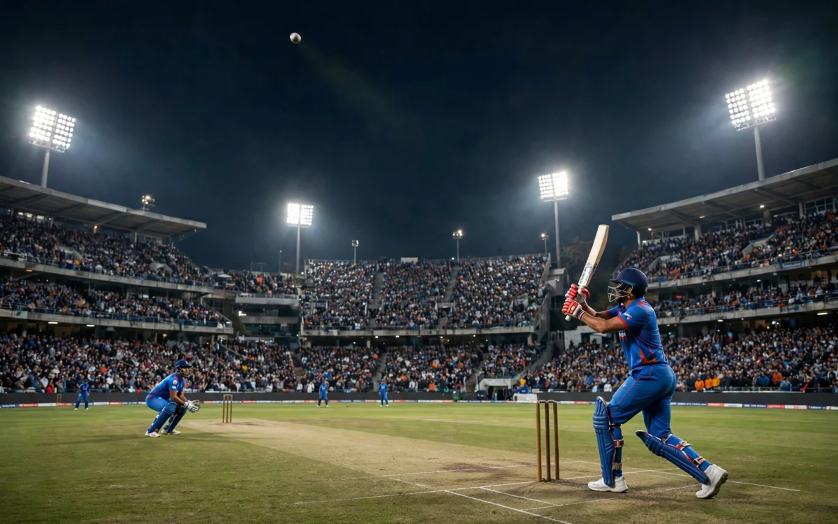 Virat Kohli playing an ODI match under floodlights at a packed stadium in Thiruvananthapuram