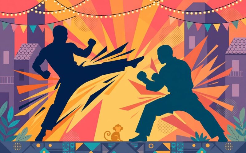 Editorial illustration of martial arts silhouettes with a monkey and film festival lights