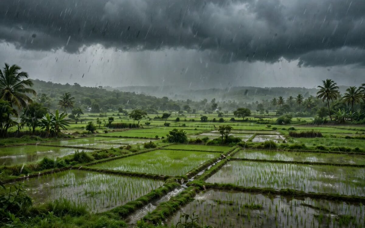 Heavy monsoon rain falling over green Indian farmland