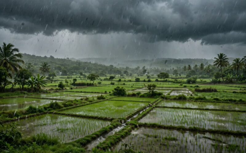 Heavy monsoon rain falling over green Indian farmland