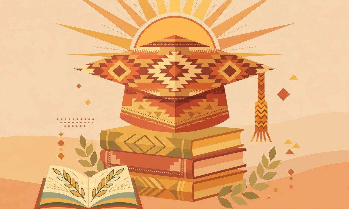 Editorial illustration of a graduation cap with a Native American blanket pattern and rising sun
