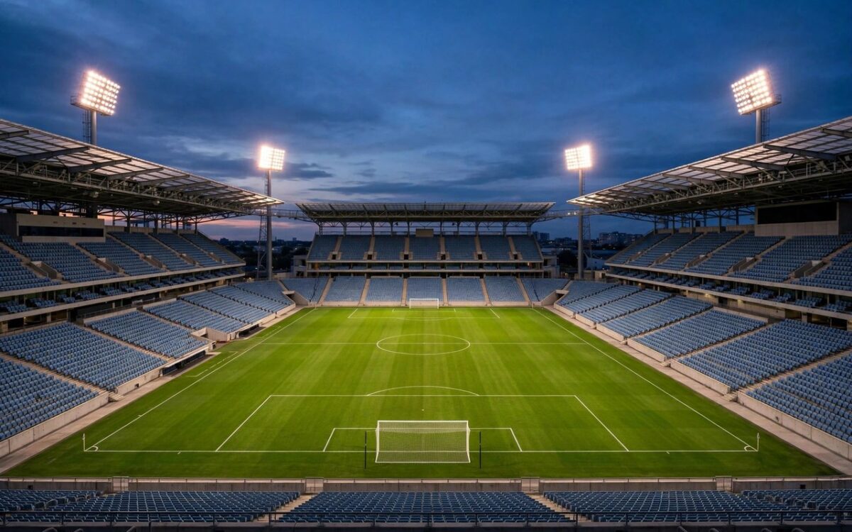 Empty football stadium pitch at night under floodlights with the Premier League logo motif