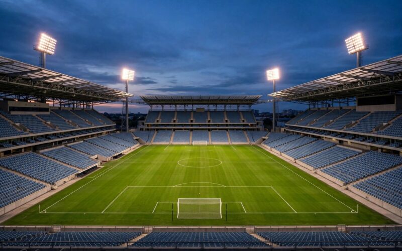 Empty football stadium pitch at night under floodlights with the Premier League logo motif