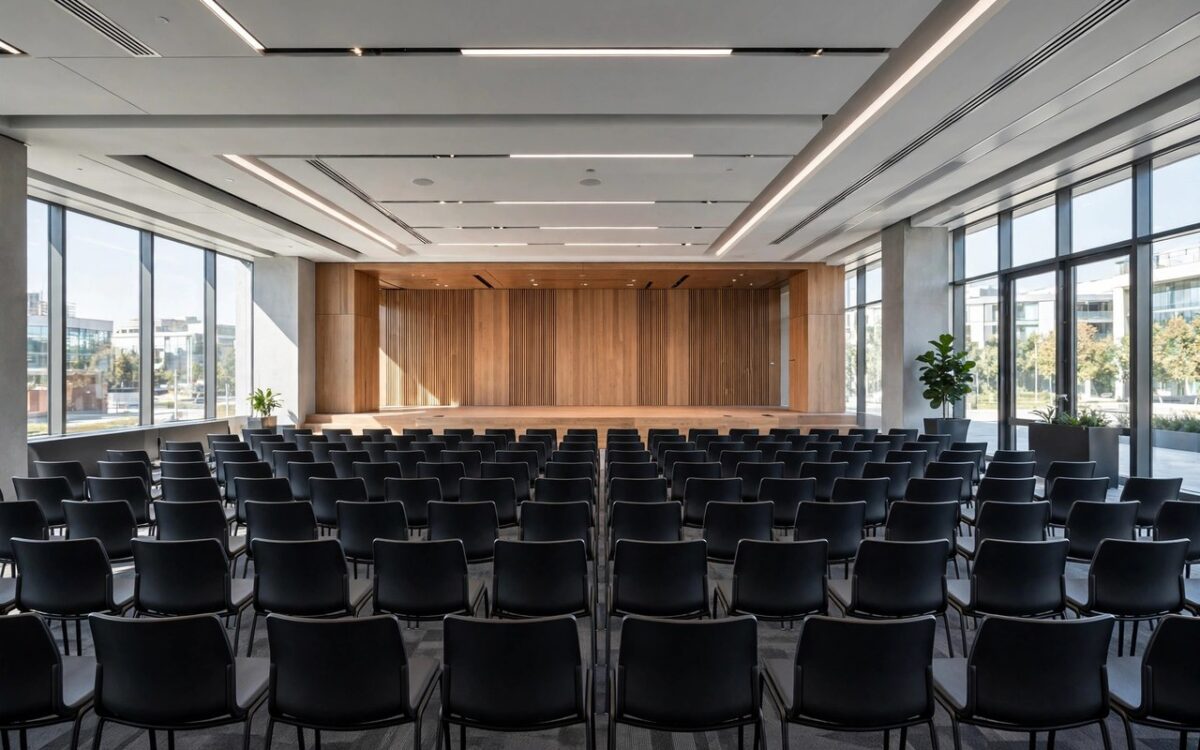 Rows of empty conference hall chairs facing a stage with microphones, daylight from windows