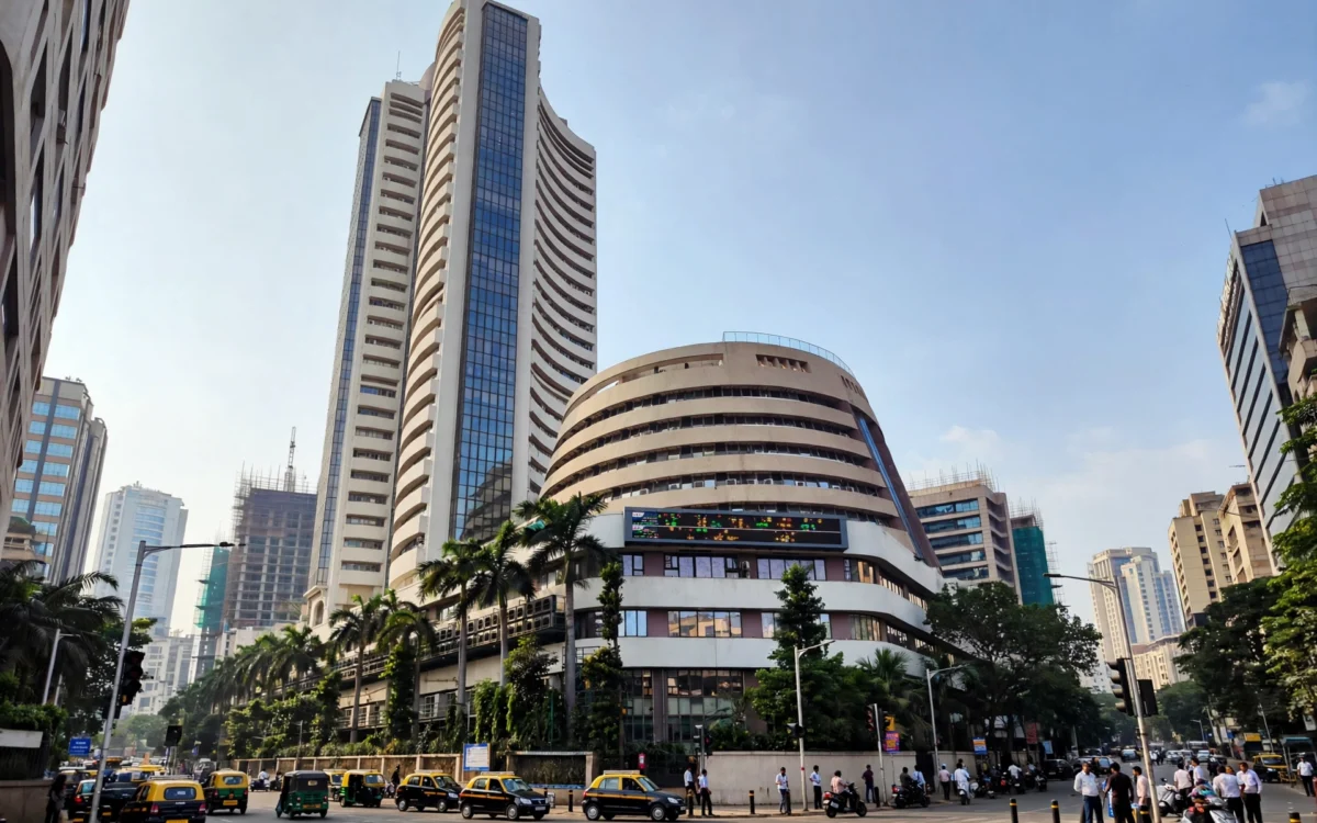 Bombay Stock Exchange building with market ticker display in Mumbai