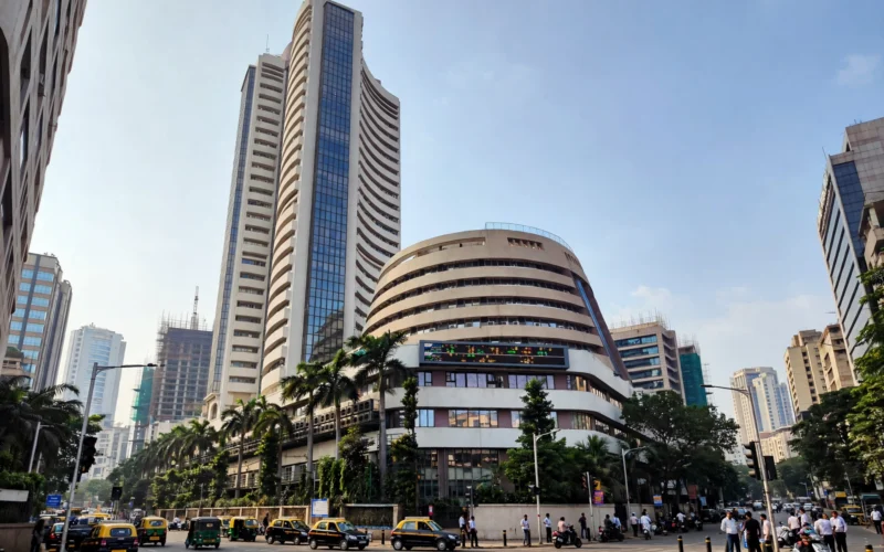 Bombay Stock Exchange building with market ticker display in Mumbai