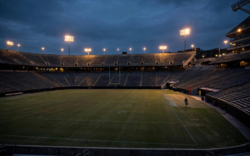 A lone football player's silhouette walking across an empty stadium field at dusk.
