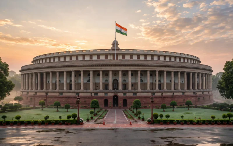 The Indian Parliament building in New Delhi at sunrise.