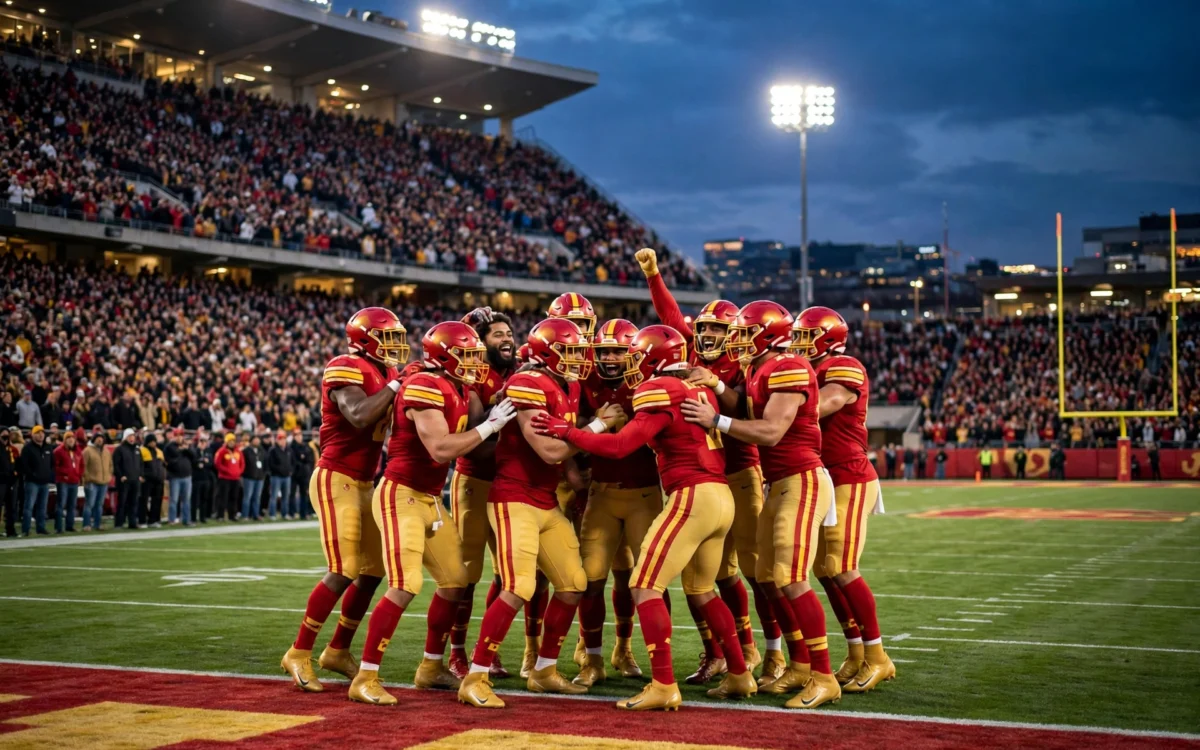 Football players celebrate a touchdown in a packed stadium at dusk.