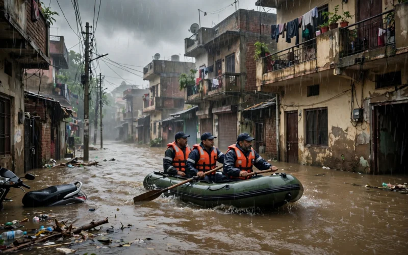 Flooded street in Uttar Pradesh with rescue boats