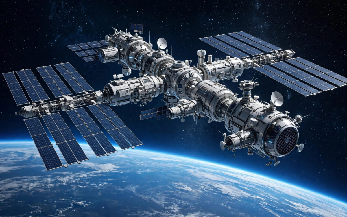 Illustration of a space station orbiting Earth, representing ESA-ISRO cooperation