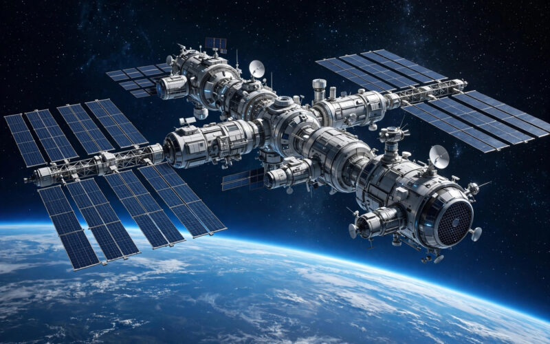 Illustration of a space station orbiting Earth, representing ESA-ISRO cooperation