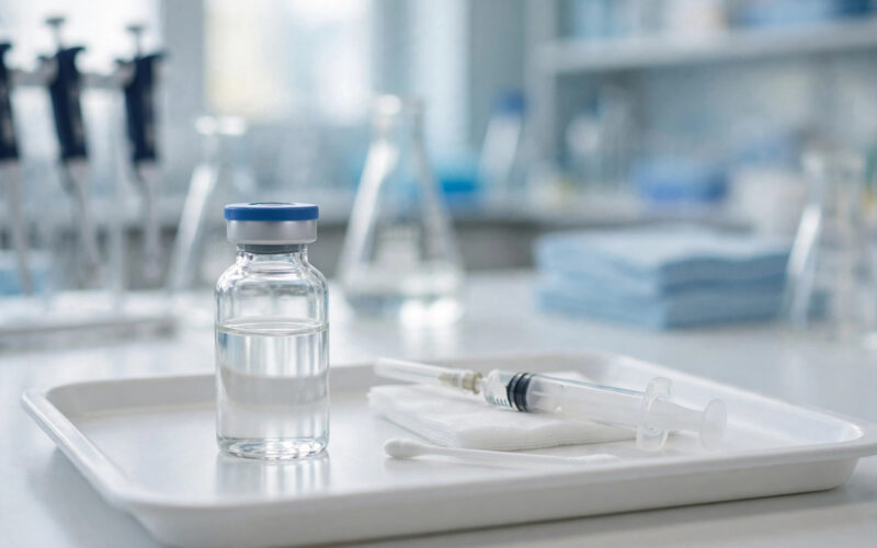 Vaccine vial and syringe on a medical tray representing the Qdenga dengue vaccine