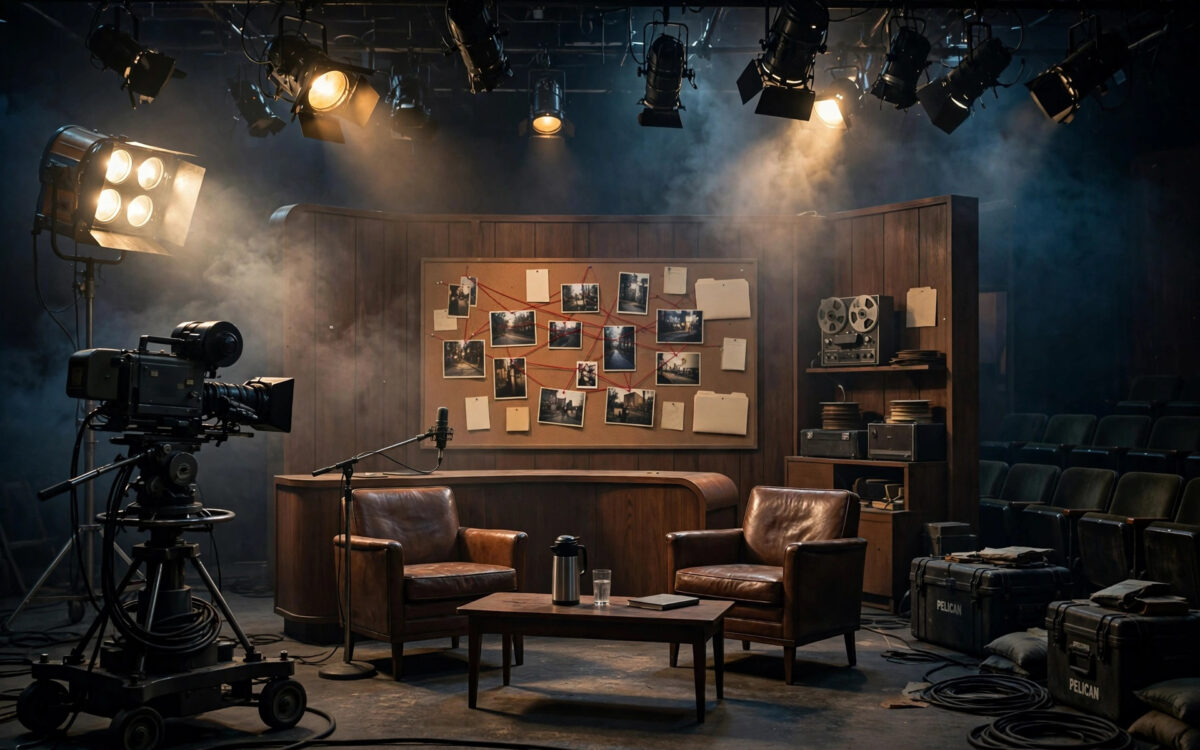 An illustration of a retro television studio set with camera lights and an empty talk-show stage.