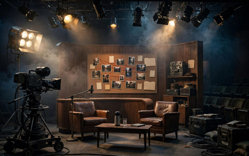 An illustration of a retro television studio set with camera lights and an empty talk-show stage.