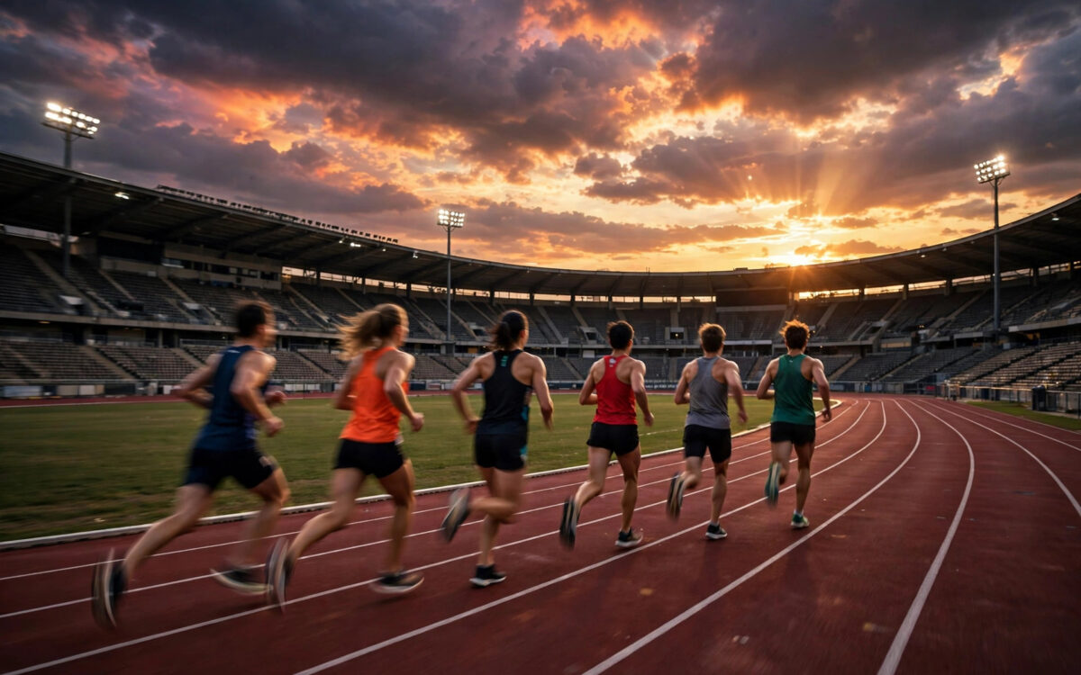 Athletes racing on a running track at sunset