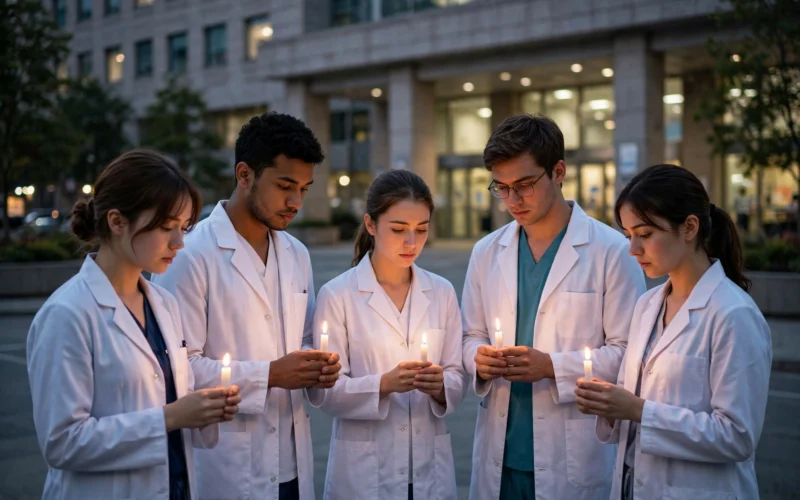 A candlelight vigil by medical students outside a hospital
