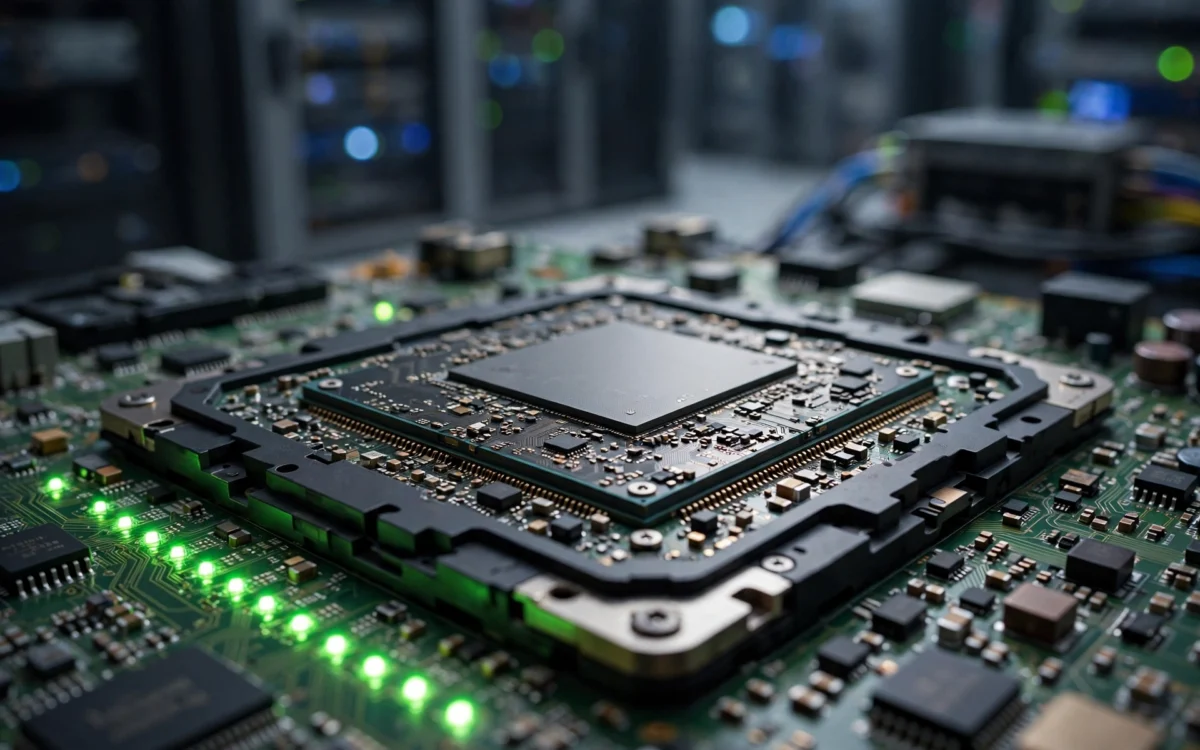 A large AI processor chip mounted on a circuit board in a server room.