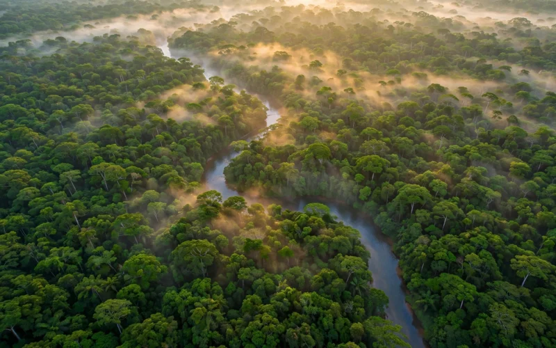 Aerial view of dense Amazon rainforest canopy and a winding river at sunrise.