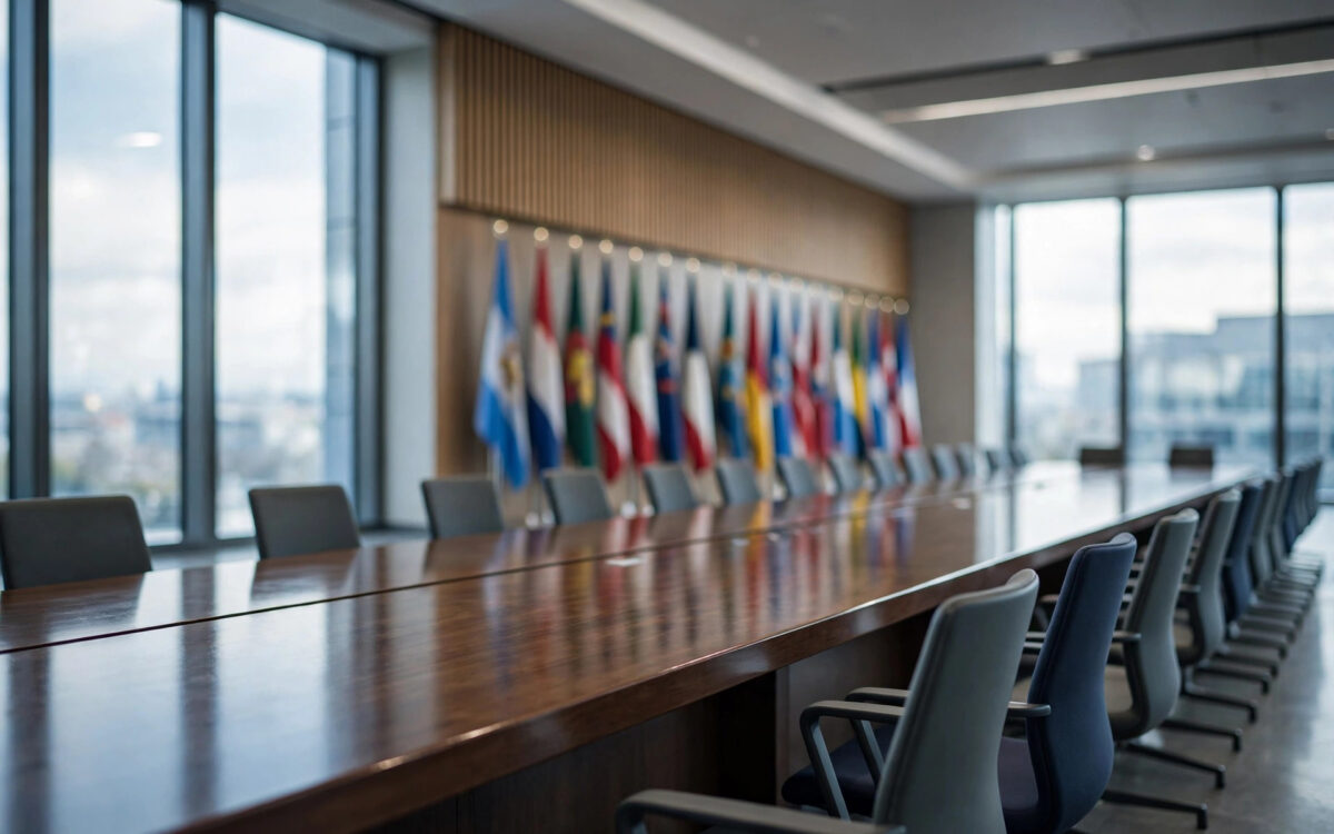 Empty diplomatic conference hall with a long meeting table and flags