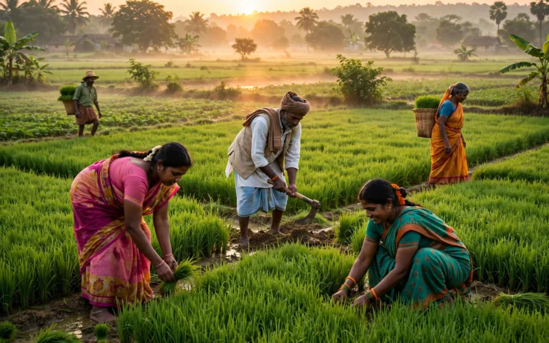 Farmers working in lush green fields at sunrise in rural India.