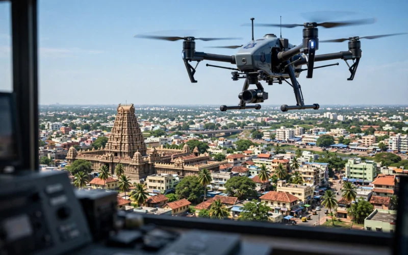 A police drone flying over a city during the daytime.