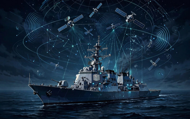 An illustration of a naval warship at sea under a night sky with satellite signal motifs.