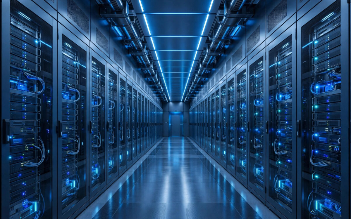 Server racks glowing in a modern data centre corridor